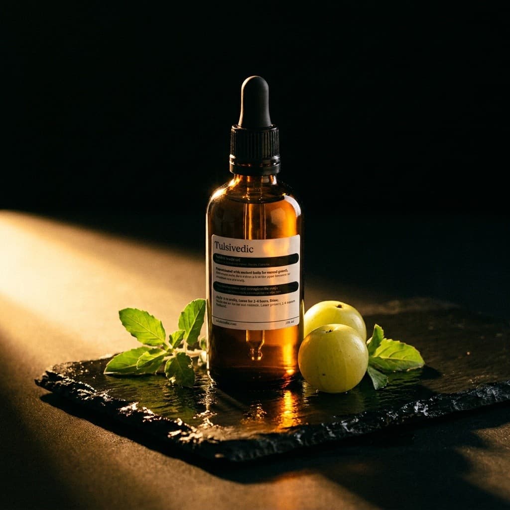 Tulsivedic Herbal Scalp Oil amber glass bottle on black slate with fresh tulsi and amla